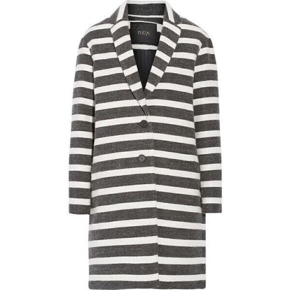 Maje striped Oversize black White Wool Coat sz 36 Small - Picture 2 of 11